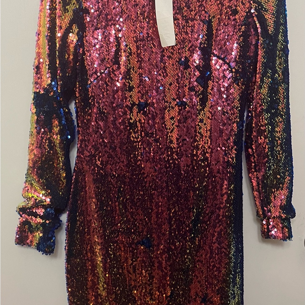 Naeem Khan Two Tone Orange and Blue Sequin Embellished Long Sleeve Dress  NK23